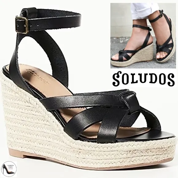 Soludos Charlotte Knotted Black Leather Wedge Espadrille Platform Sandal 9