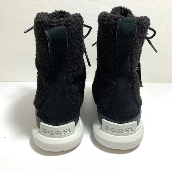 Sorel Explorer II Joan Cozy Boots Faux Fur Lace Up Booties Black Tea Light NEW