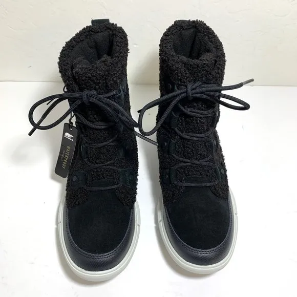 Sorel Explorer II Joan Cozy Boots Faux Fur Lace Up Booties Black Tea Light NEW