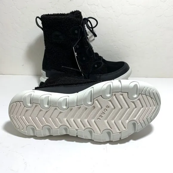 Sorel Explorer II Joan Cozy Boots Faux Fur Lace Up Booties Black Tea Light NEW