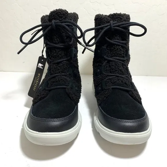 Sorel Explorer II Joan Cozy Boots Faux Fur Lace Up Booties Black Tea Light NEW