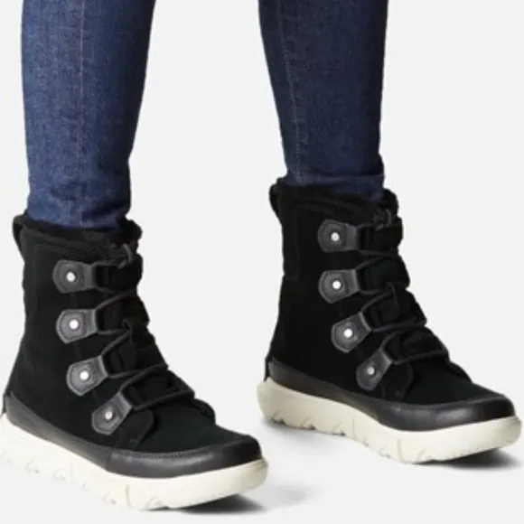Sorel Explorer II Joan Cozy Boots Faux Fur Lace Up Booties Black Tea Light NEW