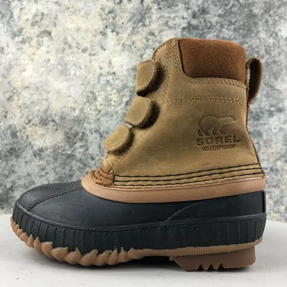 Sorel Kids Size 10 Cheyanne Brown Leather Waterproof Strap Duck Winter Boots