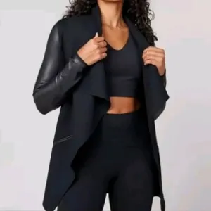 SPANX Faux Leather Convertible Jacket Black Cardigan Long Sleeve Drape Wral
