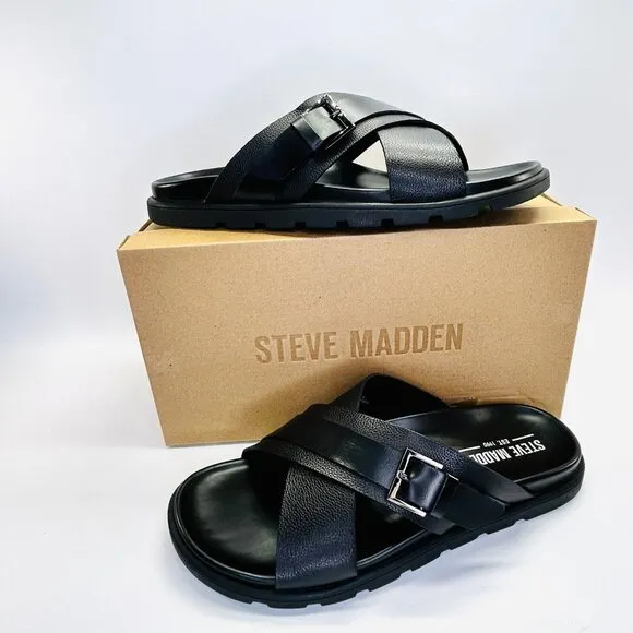 Steve Madden Atler Sandals Mens Size 11 M Black Leather Slide Buckle Casual