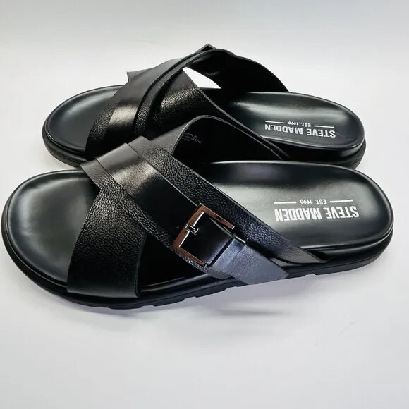 Steve Madden Atler Sandals Mens Size 11 M Black Leather Slide Buckle Casual
