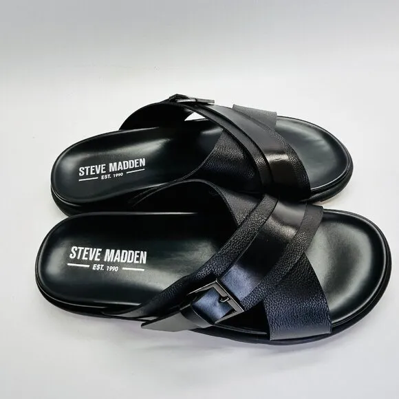 Steve Madden Atler Sandals Mens Size 11 M Black Leather Slide Buckle Casual