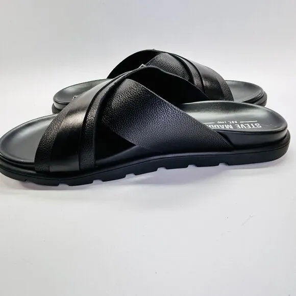Steve Madden Atler Sandals Mens Size 11 M Black Leather Slide Buckle Casual