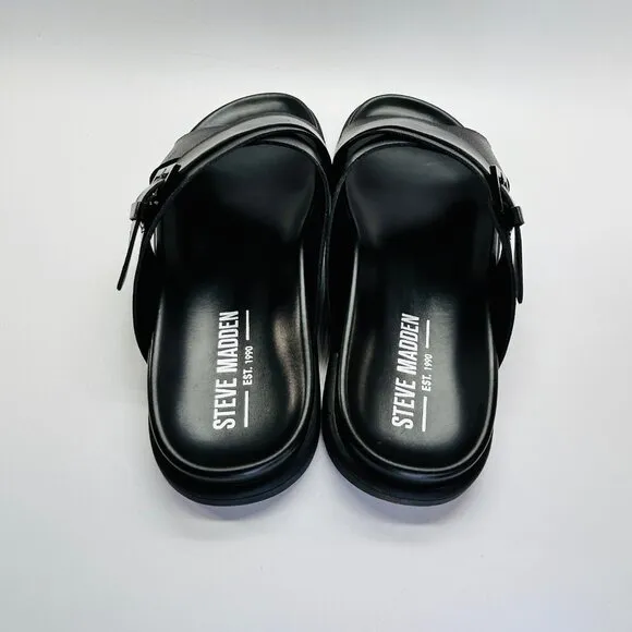 Steve Madden Atler Sandals Mens Size 11 M Black Leather Slide Buckle Casual