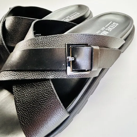 Steve Madden Atler Sandals Mens Size 11 M Black Leather Slide Buckle Casual