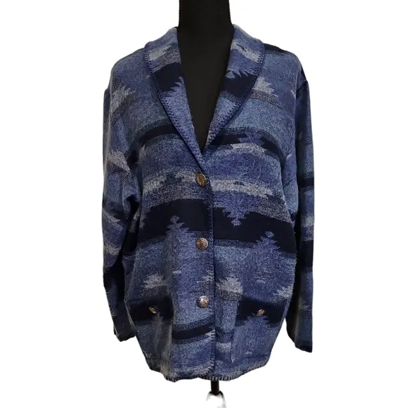 Teddi Rare 80's Navajo Pattern Knit Button Up Cardigan Blue 100% Acrylic Size M