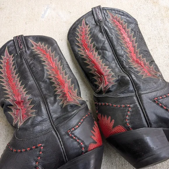 Tony Lama Cowboy Boots Red Black Lizard Leather Men 8.5 D