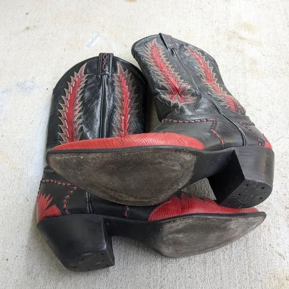 Tony Lama Cowboy Boots Red Black Lizard Leather Men 8.5 D