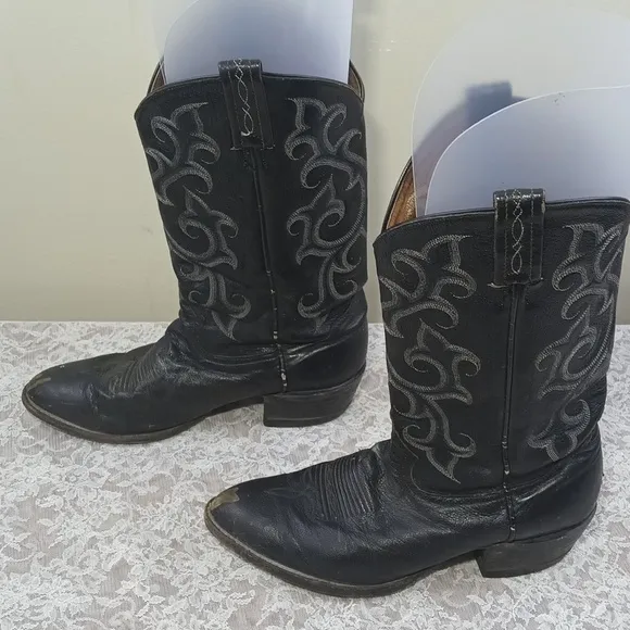 Tony Lama CZ848 Buck Black Leather Pull On Cowboy Western Boots Men 8