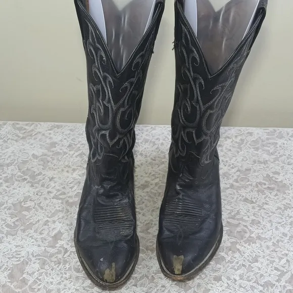 Tony Lama CZ848 Buck Black Leather Pull On Cowboy Western Boots Men 8