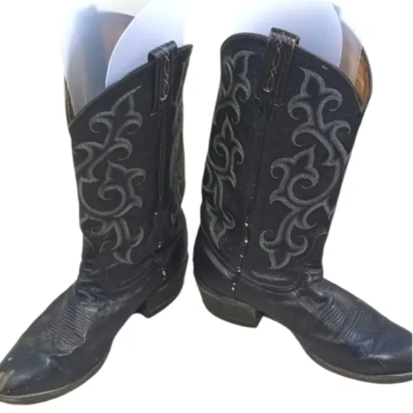 Tony Lama CZ848 Buck Black Leather Pull On Cowboy Western Boots Men 8