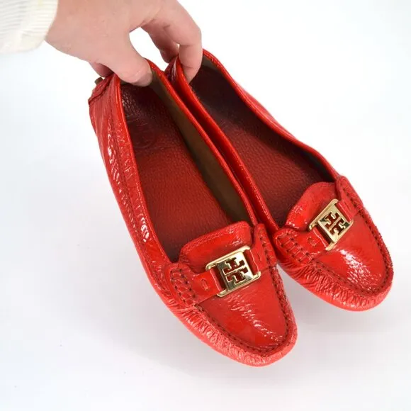 Tory Burch Kendrick Patent Leather Driving Loafer Shoes Red Orange Women's 7.5