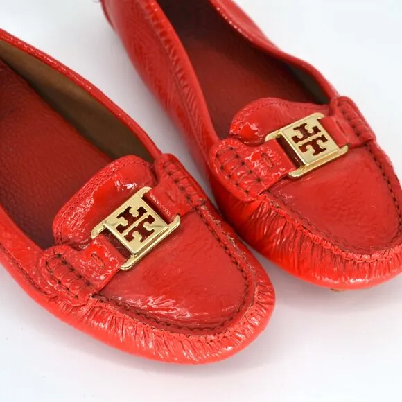 Tory Burch Kendrick Patent Leather Driving Loafer Shoes Red Orange Women's 7.5
