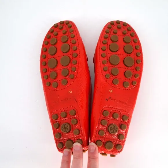Tory Burch Kendrick Patent Leather Driving Loafer Shoes Red Orange Women's 7.5
