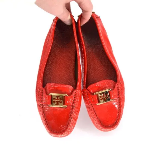 Tory Burch Kendrick Patent Leather Driving Loafer Shoes Red Orange Women's 7.5