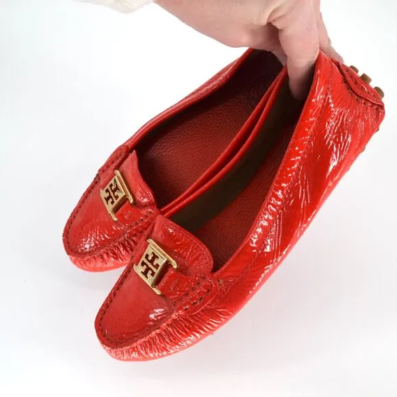 Tory Burch Kendrick Patent Leather Driving Loafer Shoes Red Orange Women's 7.5