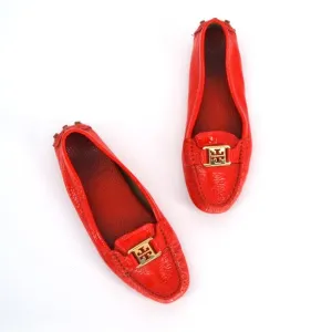 Tory Burch Kendrick Patent Leather Driving Loafer Shoes Red Orange Women's 7.5