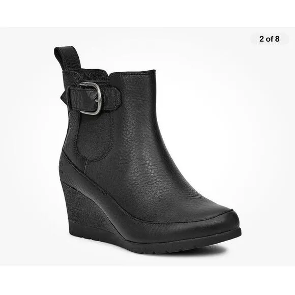 UGG Arleta Black Leather Wedge Boot Booties $180 8.5