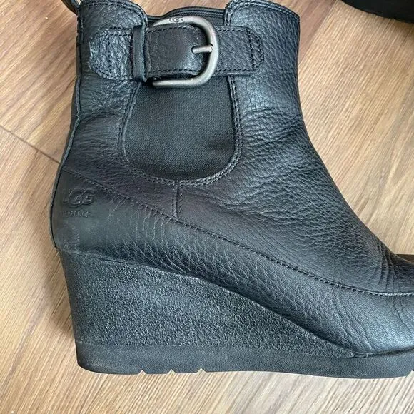 UGG Arleta Black Leather Wedge Boot Booties $180 8.5