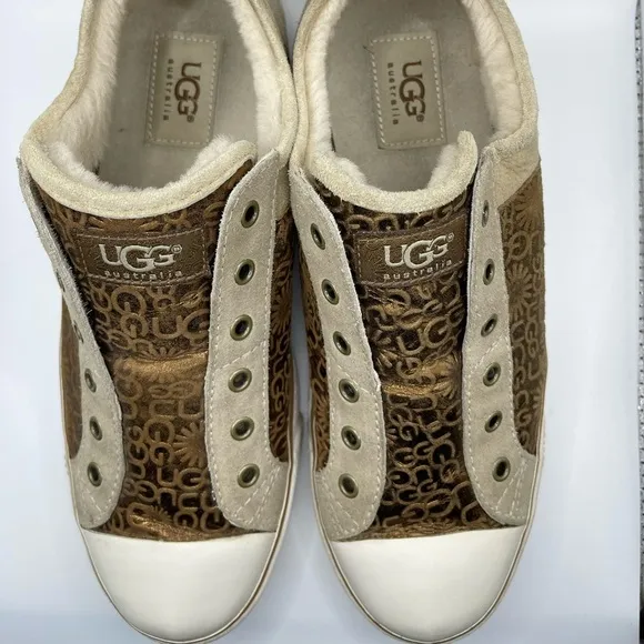 Ugg Australia Laela Leather Sheepskin Womens Gold Tan Slip On Low Top Boho 9