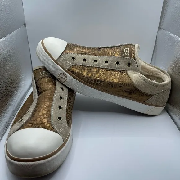Ugg Australia Laela Leather Sheepskin Womens Gold Tan Slip On Low Top Boho 9