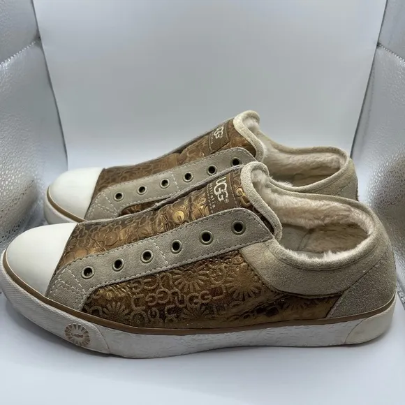 Ugg Australia Laela Leather Sheepskin Womens Gold Tan Slip On Low Top Boho 9