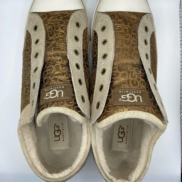 Ugg Australia Laela Leather Sheepskin Womens Gold Tan Slip On Low Top Boho 9