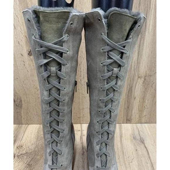 UGG Camille Tall Heeled Lace Up Boots Shoes Women's 9.5 Tan Suede Calf High 3215