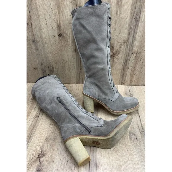 UGG Camille Tall Heeled Lace Up Boots Shoes Women's 9.5 Tan Suede Calf High 3215