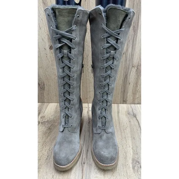 UGG Camille Tall Heeled Lace Up Boots Shoes Women's 9.5 Tan Suede Calf High 3215