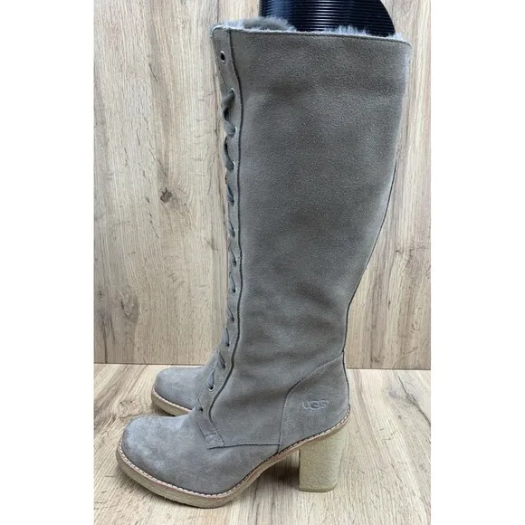 UGG Camille Tall Heeled Lace Up Boots Shoes Women's 9.5 Tan Suede Calf High 3215