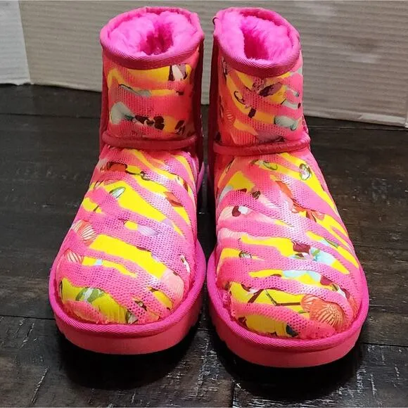 Ugg Womens Shoes Ugg Women’s Classic Mini Tiger Flower Boots Pink/Yellow size 7