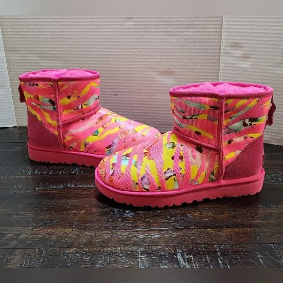 Ugg Womens Shoes Ugg Women’s Classic Mini Tiger Flower Boots Pink/Yellow size 7