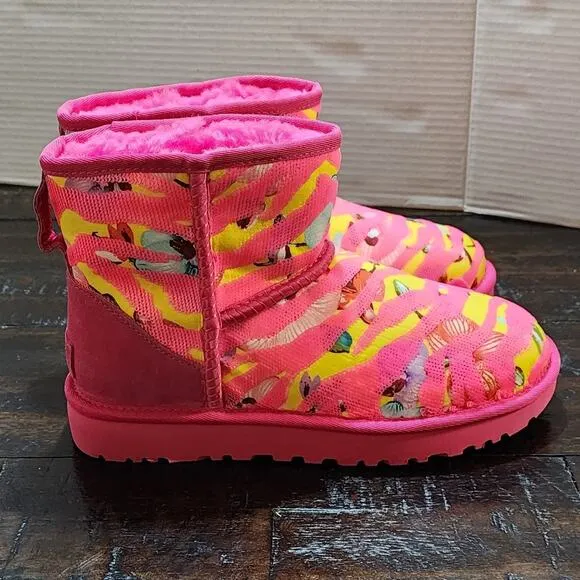 Ugg Womens Shoes Ugg Women’s Classic Mini Tiger Flower Boots Pink/Yellow size 7