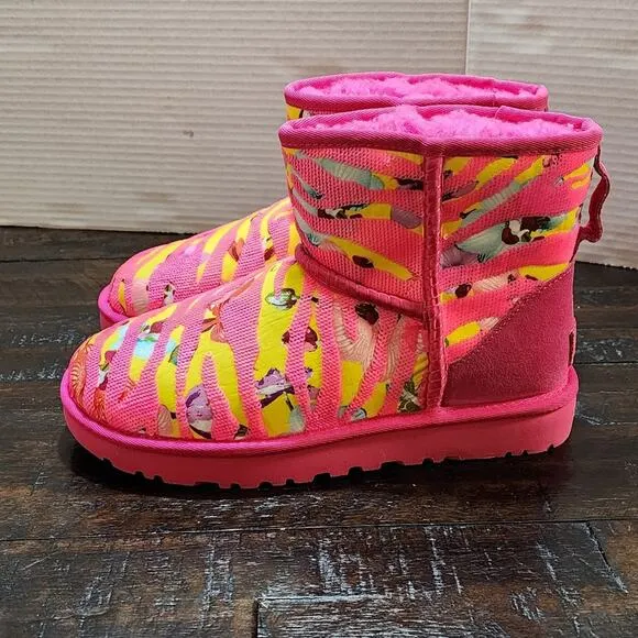 Ugg Womens Shoes Ugg Women’s Classic Mini Tiger Flower Boots Pink/Yellow size 7
