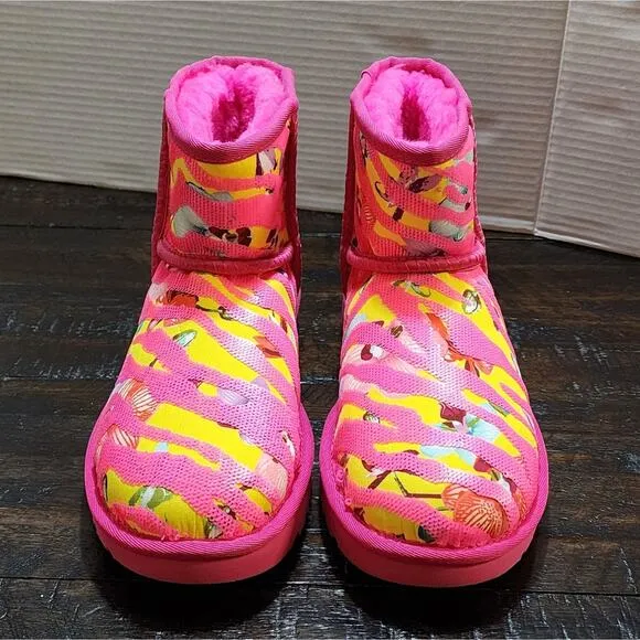 Ugg Womens Shoes Ugg Women’s Classic Mini Tiger Flower Boots Pink/Yellow size 7