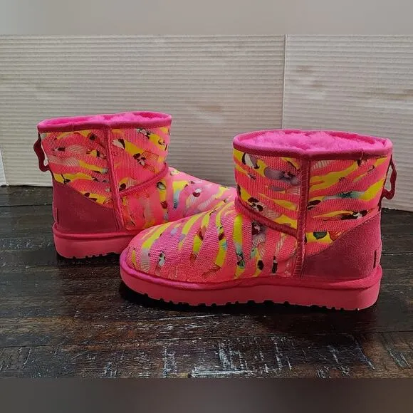 Ugg Womens Shoes Ugg Women’s Classic Mini Tiger Flower Boots Pink/Yellow size 7