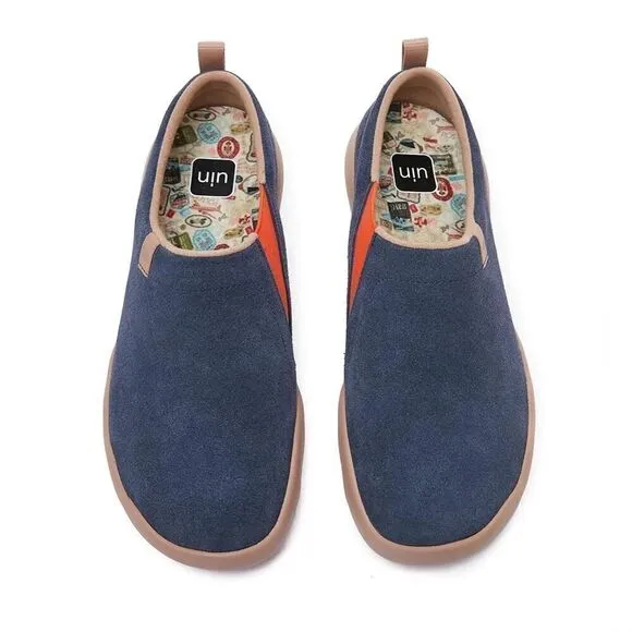 UIN Men's Travel Walking Shoes Slip On Casual Cow Suede (Toledo Ⅱ Deep Blue)