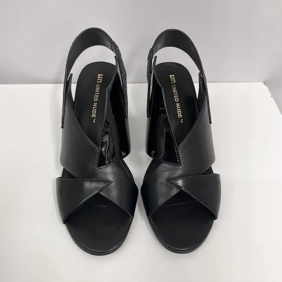 United Nude Leather Shoes Black &amp; White Green Lucite Piece On Heel Size 38 8‎