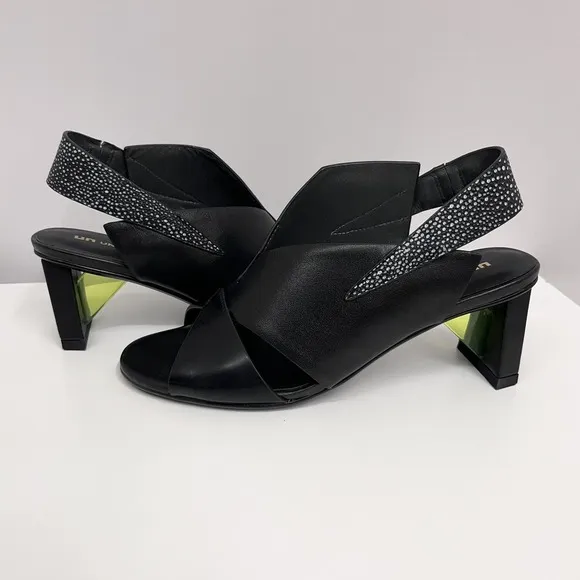 United Nude Leather Shoes Black &amp; White Green Lucite Piece On Heel Size 38 8‎