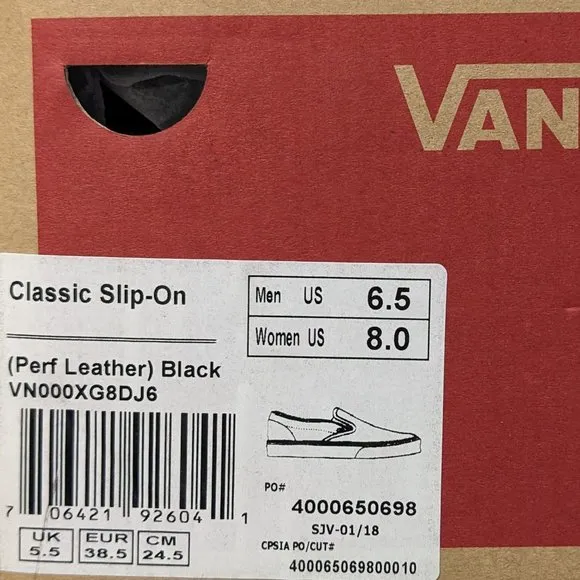 Vans Classic Slip-On Shoes, Black Perf Leather, Men’s 6.5