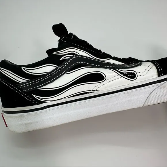 Vans Old Skool Flame Shoes Black White Lace Up Mens 5.5 Womens 7