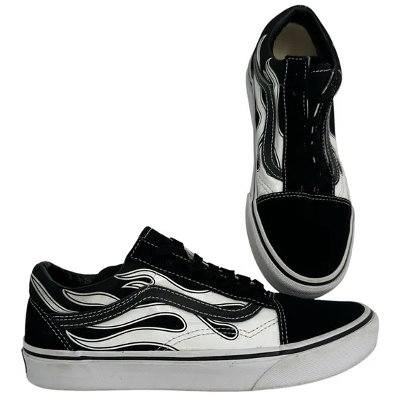 Vans Old Skool Flame Shoes Black White Lace Up Mens 5.5 Womens 7