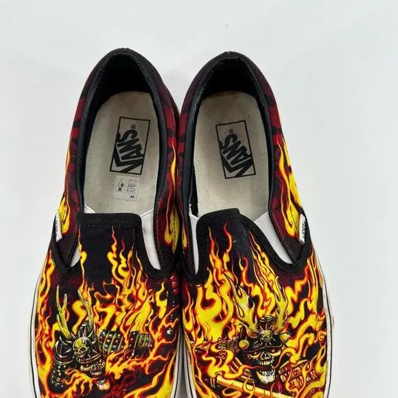 VANS Samurai Rising Classic Slip-On Canvas Skate Shoes Flames Black mens size 10