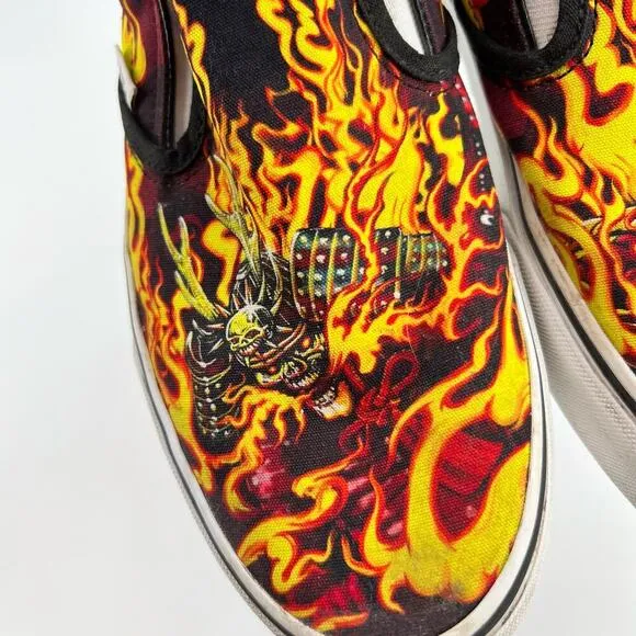 VANS Samurai Rising Classic Slip-On Canvas Skate Shoes Flames Black mens size 10